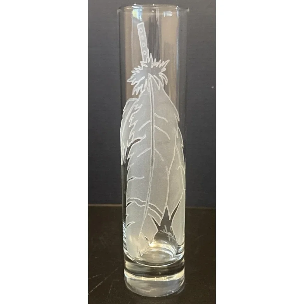 Evergreen Crystal Glass Bud Vase Feather Etched Lorraine Coyle Signed 7.5
